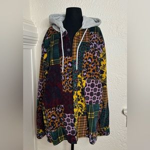 Urban Outfitters Corduroy Patchwork multi print Shirt/ Shacket/ Hoodie sz L